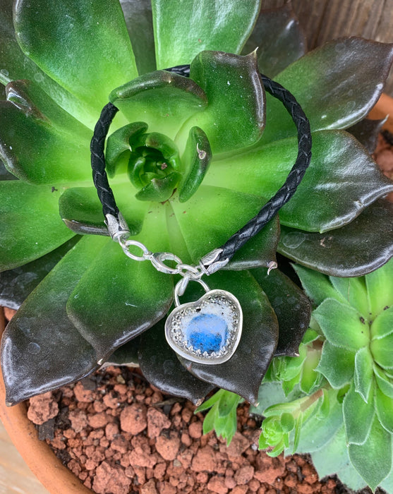 Black braided leather bracelet with Mountain jasper heart charm