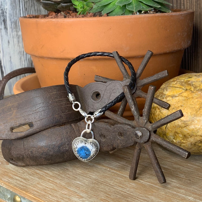 Black braided leather bracelet with Mountain jasper heart charm