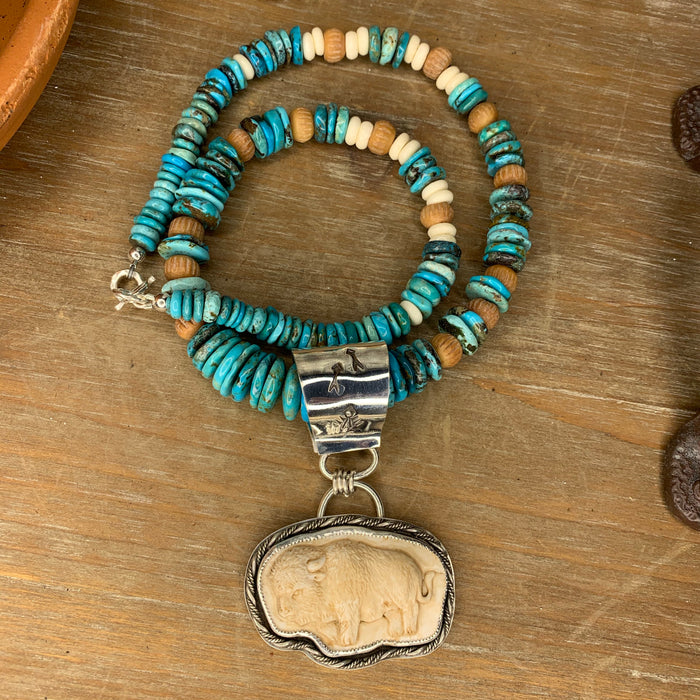 Hand carved Buffalo and turquoise necklace