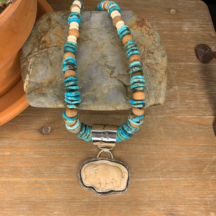 Hand carved Buffalo and turquoise necklace