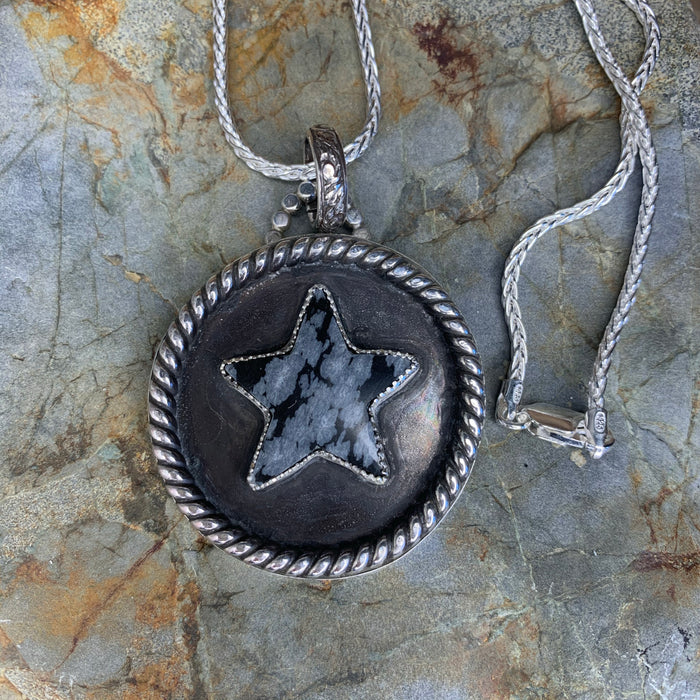 Snowflake Obsidian star pendant with chain.