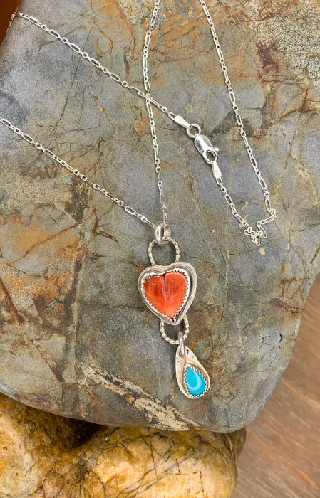 Small orange heart with turquoise tear pendant with chain