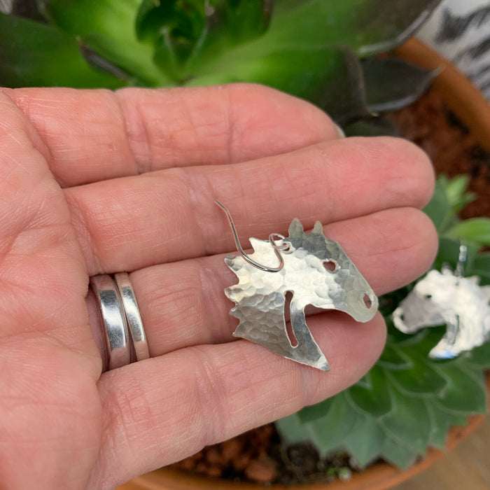 Hammered silver horse head earrings