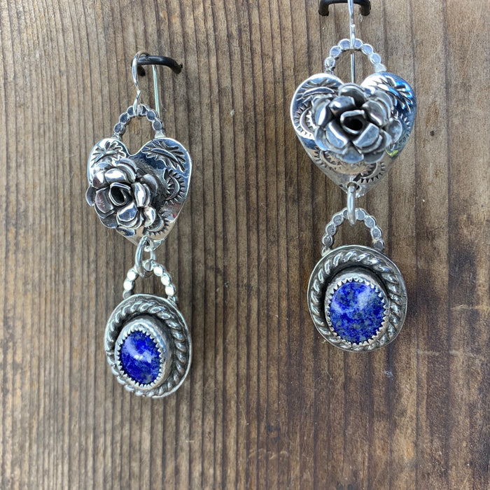 Stamped heart with rose and Lapis earrings