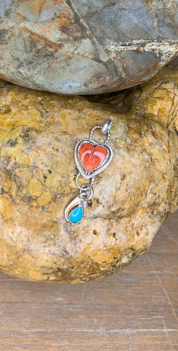 Small orange heart with turquoise tear pendant with chain