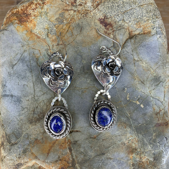 Stamped heart with rose and Lapis earrings