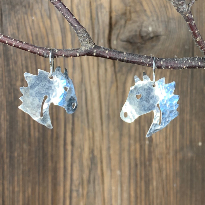 Hammered silver horse head earrings