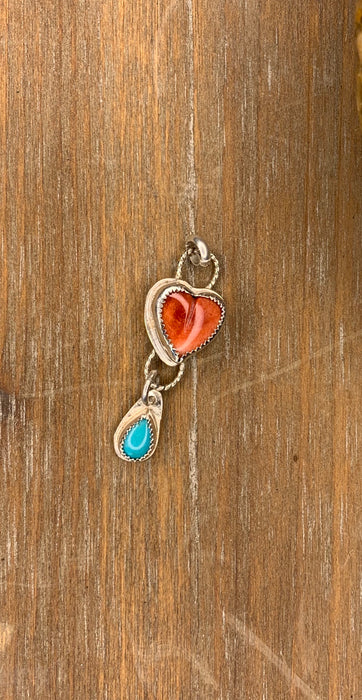 Small orange heart with turquoise tear pendant with chain