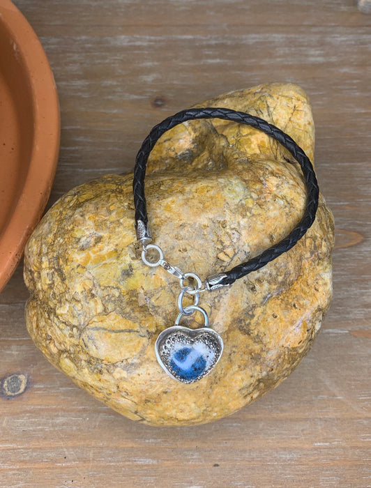 Black braided leather bracelet with Mountain jasper heart charm