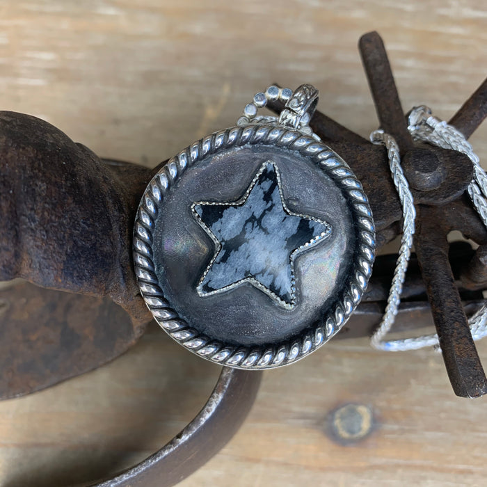Snowflake Obsidian star pendant with chain.