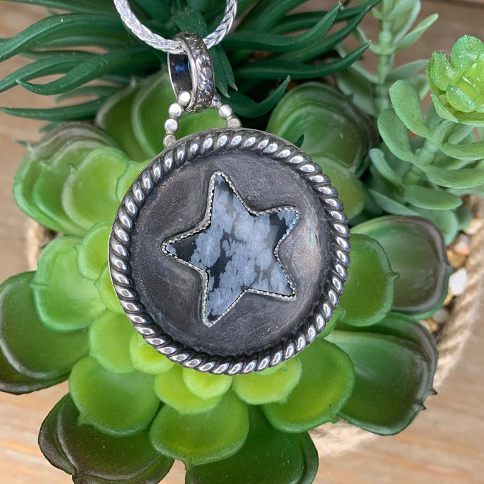 Snowflake Obsidian star pendant with chain.