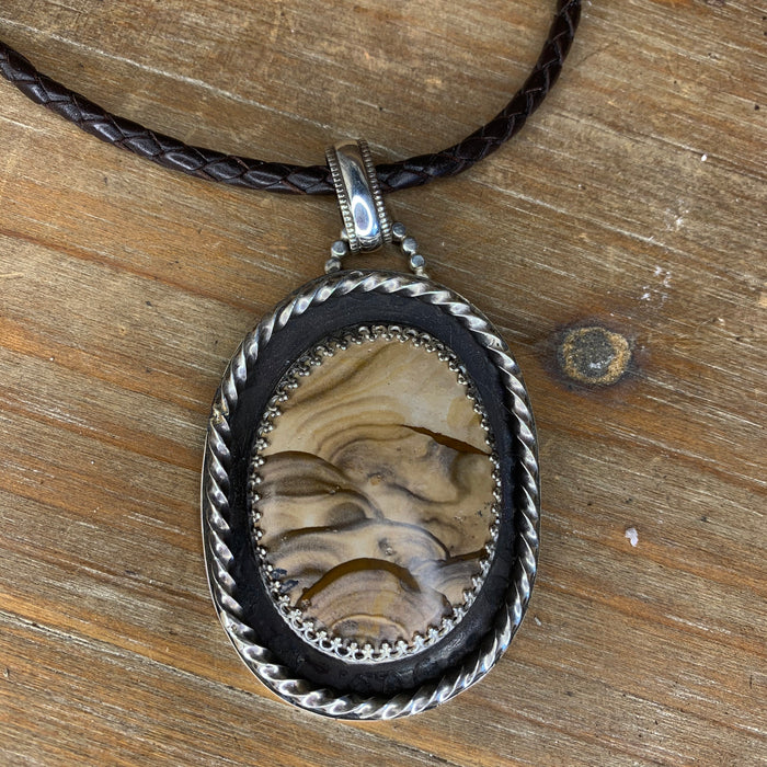 Biggs picture jasper pendant with black braided chain