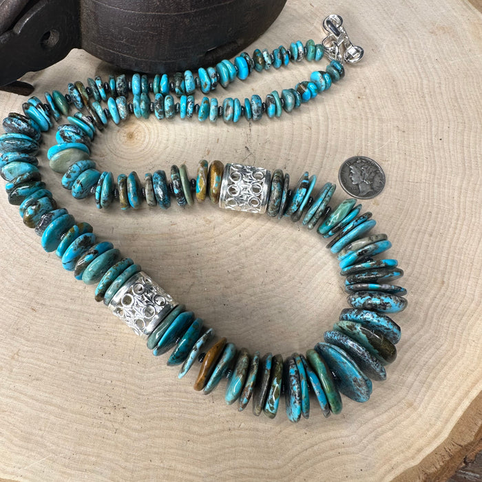 Turquoise necklace with handmade barrel beads