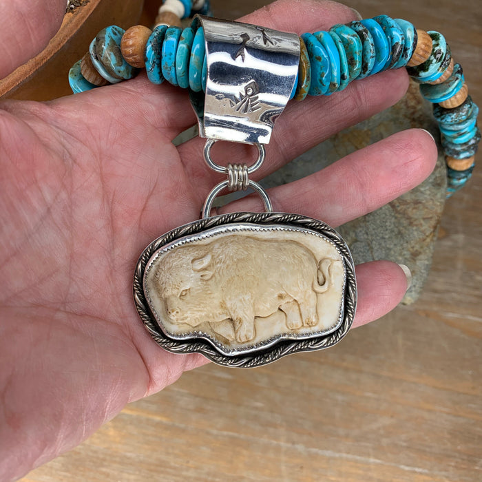 Hand carved Buffalo and turquoise necklace