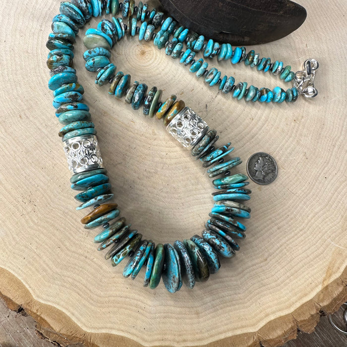 Turquoise necklace with handmade barrel beads