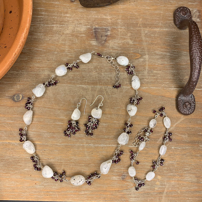 Rainbow moonstone necklace, earrings and bracelet set