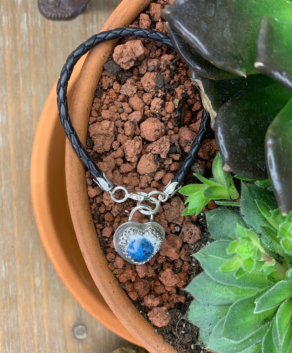 Black braided leather bracelet with Mountain jasper heart charm