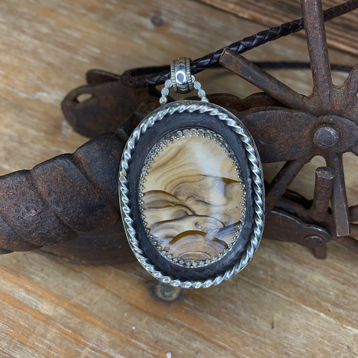 Biggs picture jasper pendant with black braided chain