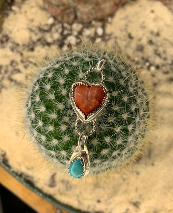 Small orange heart with turquoise tear pendant with chain