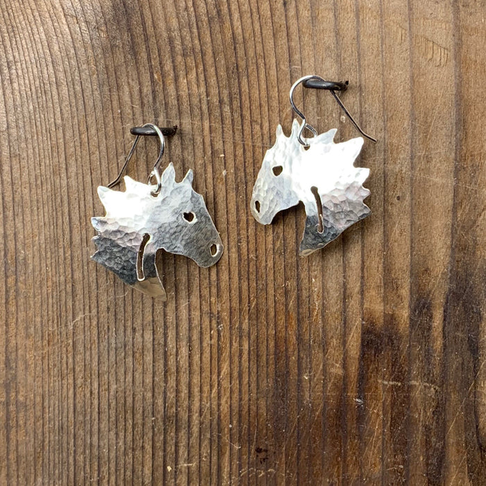 Hammered silver horse head earrings