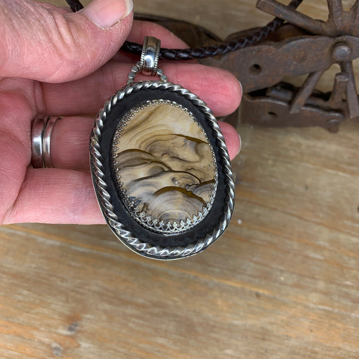 Biggs picture jasper pendant with black braided chain