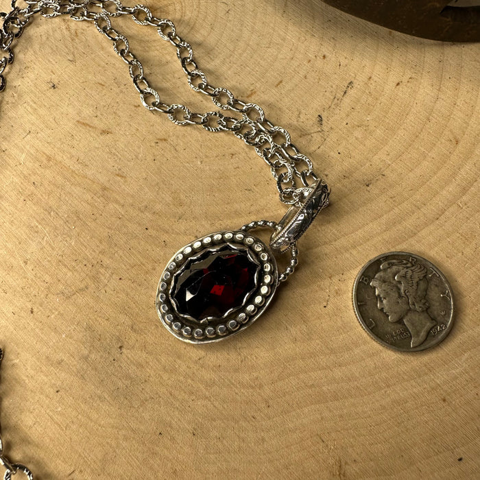 Red faceted garnet pendant with chain