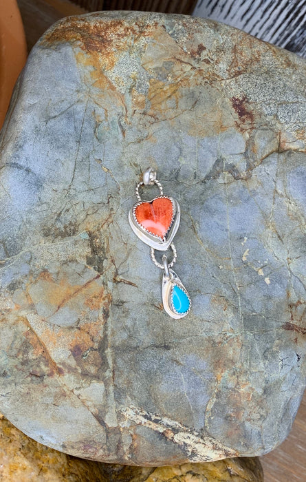 Small orange heart with turquoise tear pendant with chain