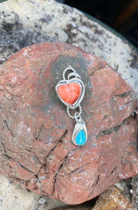 Small orange heart with turquoise tear pendant with chain