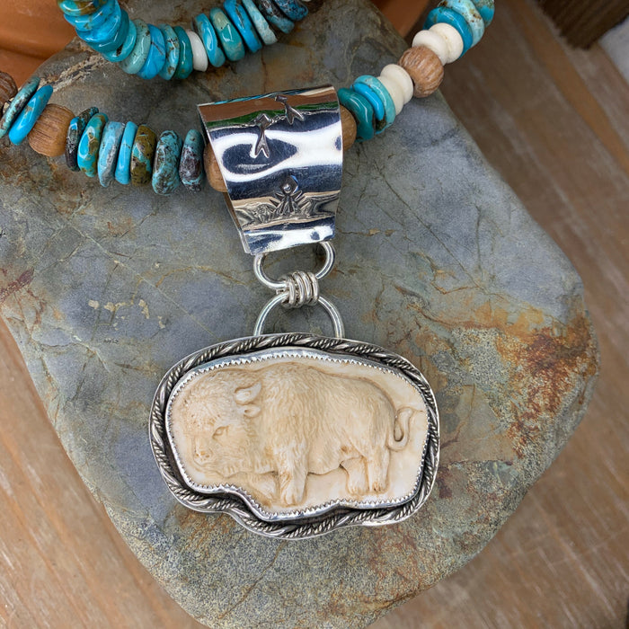 Hand carved Buffalo and turquoise necklace