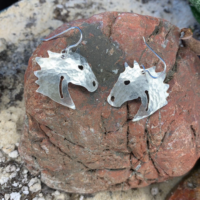 Hammered silver horse head earrings