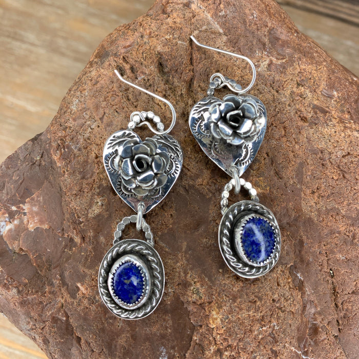 Stamped heart with rose and Lapis earrings