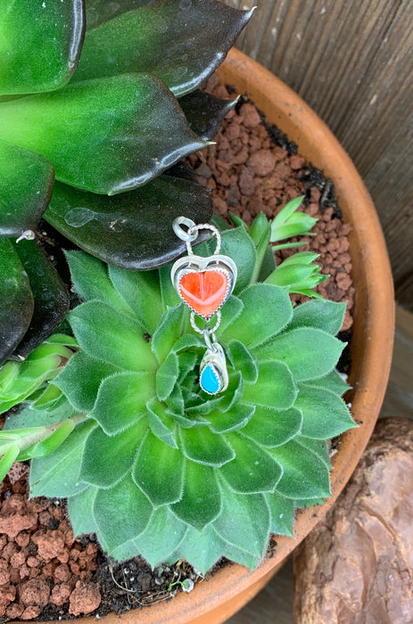 Small orange heart with turquoise tear pendant with chain